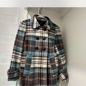Ci Sono Plaid Double-Breasted Pea Coat in Brown and Blue